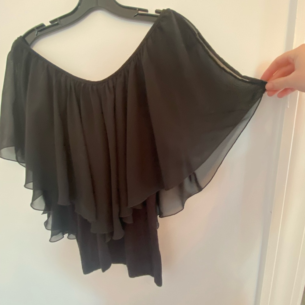 Black blouse with sheer overlay and cold shoulder